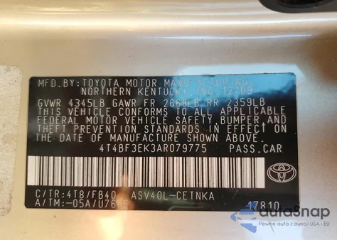 2010 Toyota Camry Base из США, поврежденный, VIN 4T4BF3EK3AR079775